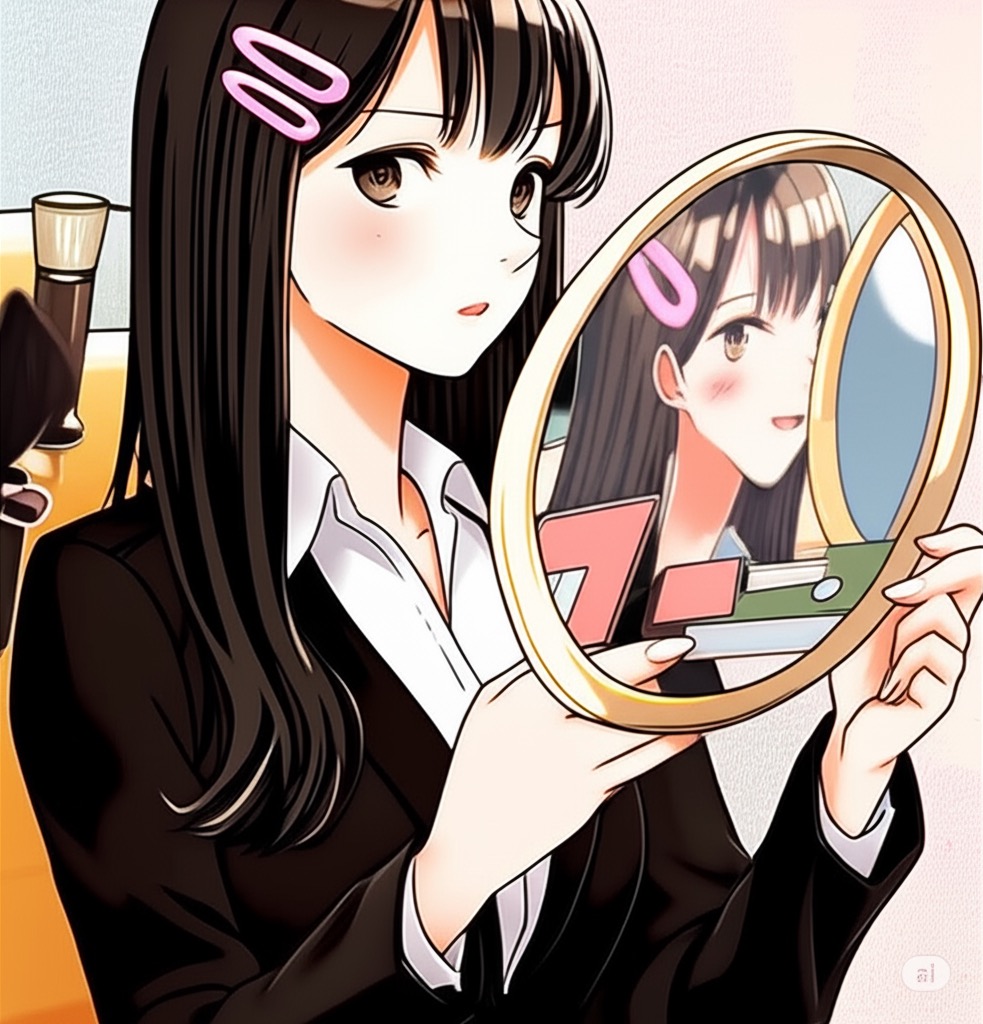 就活メイクに悩み、不安げな表情の就活女子のイラスト(Before)